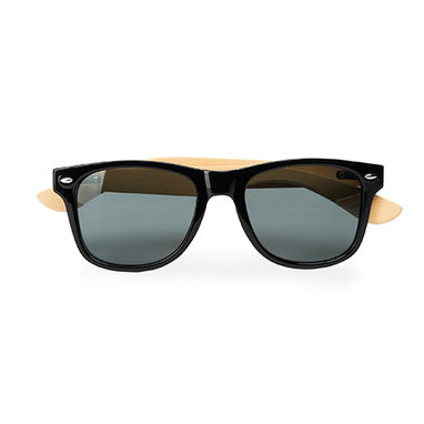 Солнцезащитные очки с блестящей отделкой оправы и натуральных бамбуковых дужек, цвет черный - SG8104S102- Фото №1
