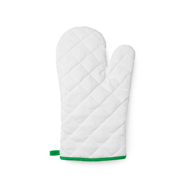 Біла поліестерова кухонна рукавиця з кольоровою окантовкою та ремінцем для підвішування, колір зелений - MP9134S1226- Фото №1