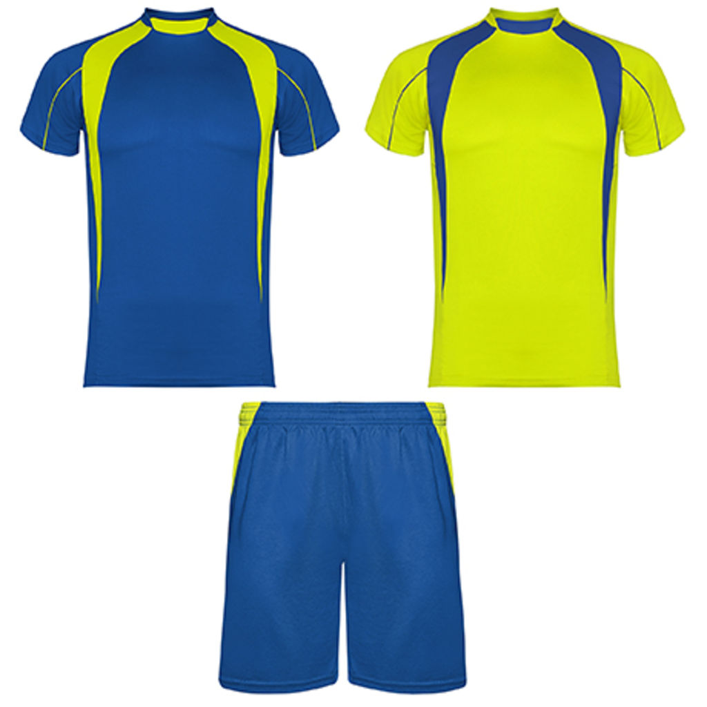 SALAS Спортивный костюм унисекс: 2 футболки + 1 пара спортивных брюк, цвет королевский синий, флюорисцентный желтый  размер M