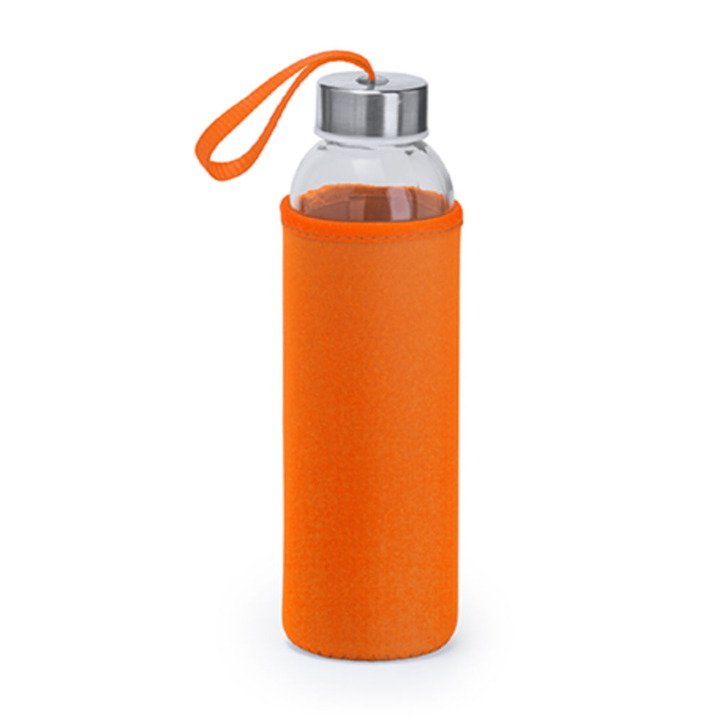 Стеклянная бутылка емкостью 500 мл с соответствующего цвета чехлом и ремешком для переноски, цвет апельсиновый