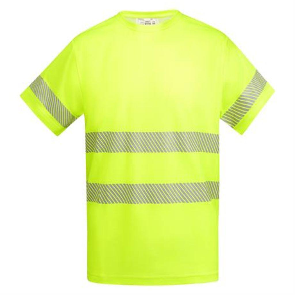 Светоотражающая мужская техническая футболка с коротким рукавом с круглым вырезом под горло из основной ткани, цвет флуоресцентный желтый  размер S