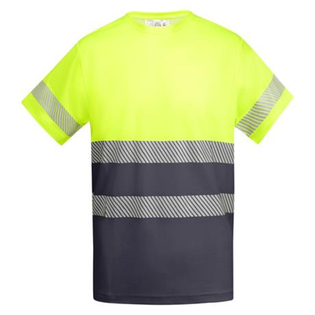 Светоотражающая мужская техническая футболка с коротким рукавом с круглым вырезом под горло из основной ткани, цвет свинцовый, флуоресцентный желтый  размер L