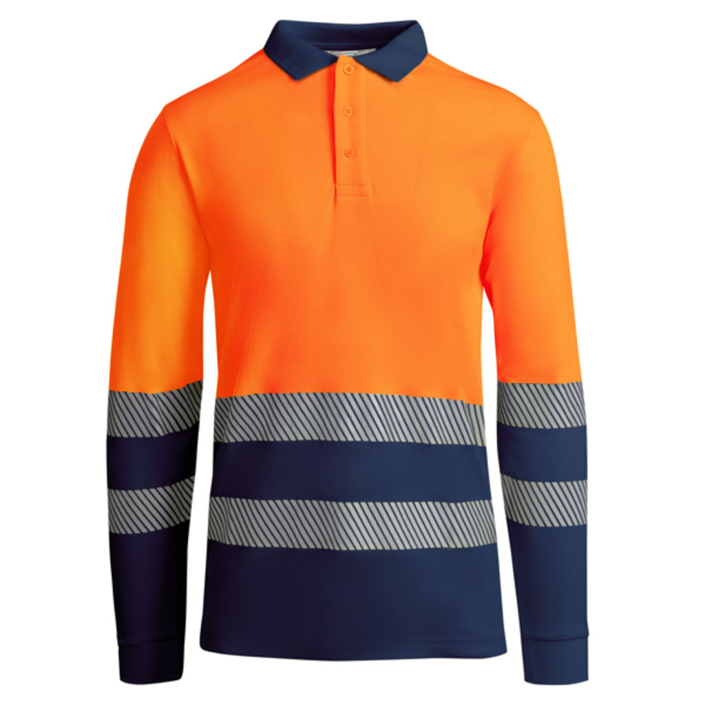 Техническая мужская светоотражающая рубашка·поло с коротким рукавом и воротником в рубчик 1x1, цвет морской синий, флуоресцентный оранжевый  размер M