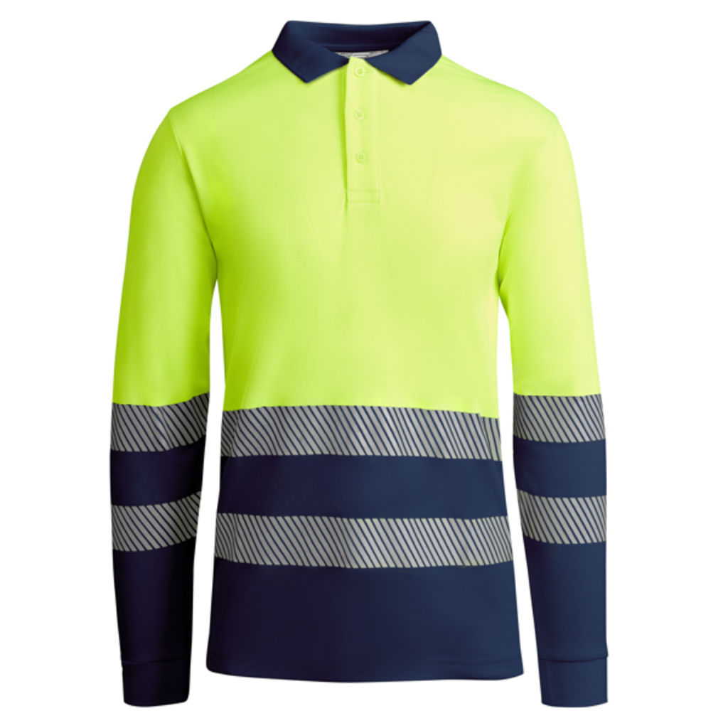 Техническая мужская светоотражающая рубашка·поло с коротким рукавом и воротником в рубчик 1x1, цвет морской синий, флуоресцентный желтый  размер L