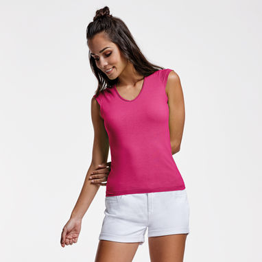 MARTINICA Жіноча футболка з V-подібною горловиною та тонкою кромкою, колір яскраво-рожевий  розмір S - CA66260178- Фото №2