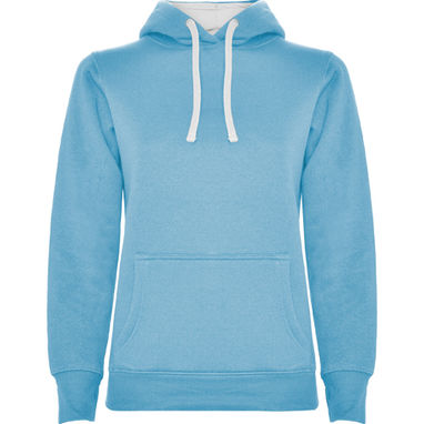 URBAN WOMAN Приталений светер діночого фасону з двокольоровим капюшоном та шнурівкою в колір, колір небесно-блакитний, білий  розмір XL - SU1068041001- Фото №1