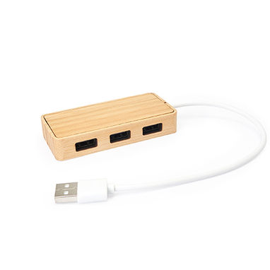USB-адаптер в натуральному бамбуковому корпусі з білим кабелем і 3-ма вбудованими USB портама, колір деревне - IA3023S188- Фото №1