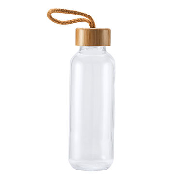 Стеклянная бутылка емкостью 450 мл с бамбуковой крышкой и ремнем для переноски натурального цвета, цвет бежевый - MD4020S129- Фото №1