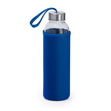 Стеклянная бутылка емкостью 500 мл с соответствующего цвета чехлом и ремешком для переноски, цвет яркий синий - MD4040S105- Фото №1
