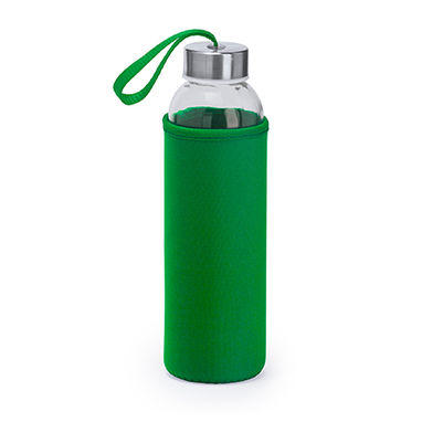 Стеклянная бутылка емкостью 500 мл с соответствующего цвета чехлом и ремешком для переноски, цвет зеленый папоротник - MD4040S1226- Фото №1
