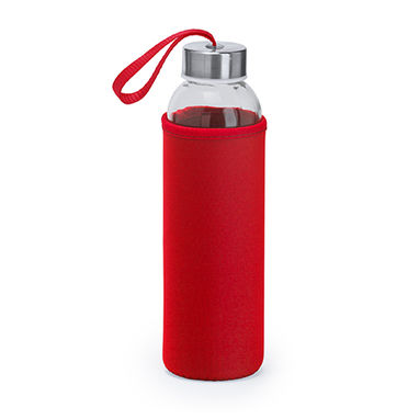 Стеклянная бутылка емкостью 500 мл с соответствующего цвета чехлом и ремешком для переноски, цвет красный - MD4040S160- Фото №1
