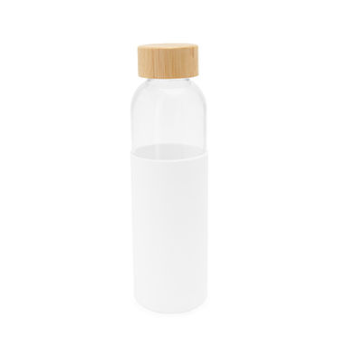 Скляна пляшка з бамбуковою кришкою і кольоровим силіконовим чохлом, колір білий - MD4055S101- Фото №1