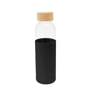 Скляна пляшка з бамбуковою кришкою і кольоровим силіконовим чохлом, колір чорний - MD4055S102- Фото №1