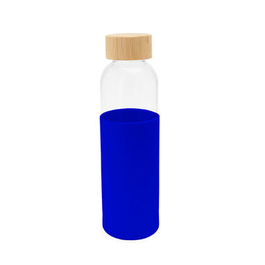 Скляна пляшка з бамбуковою кришкою і кольоровим силіконовим чохлом, колір яскравий синій - MD4055S105- Фото №1