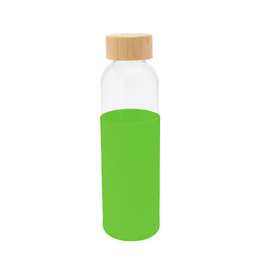 Скляна пляшка з бамбуковою кришкою і кольоровим силіконовим чохлом, колір зелена папороть - MD4055S1226- Фото №1