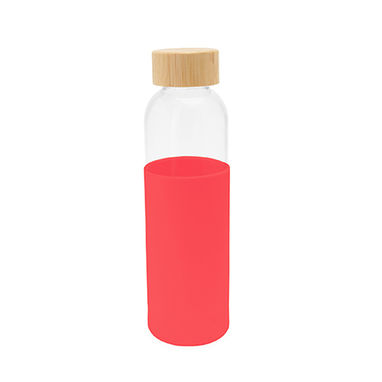 Стеклянная бутылка с бамбуковой крышкой и цветным силиконовым чехлом, цвет красный - MD4055S160- Фото №1
