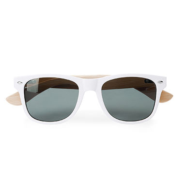 Сонцезахисні окуляри з блискучим оздобленням оправи і натуральних бамбукових дужок, колір білий - SG8104S101- Фото №1