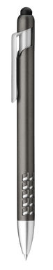 Пластикова ручка з функцією стилуса і підставкою, сині чорнила, колір сірий - 12582-147- Фото №1