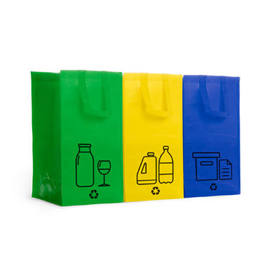 Набор из 3 перерабатываемых пакетов из прочного ламинированного полипропиленового полотна с матовой отделкой и боковыми липучками, цвет папаротниковый, королевский синий, желтый - BO7147S12260503- Фото №1