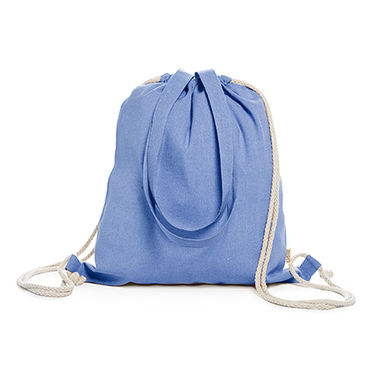 Рюкзак-сумка на шнурку зі 100% переробленої бавовни щільністю 140 г/м2 з строкатою обробкою, з відповідними ручками довжиною 70 см та зав'язками натурального кольору, колір королівський синій - MO7107S105- Фото №1