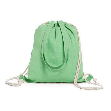 Рюкзак-сумка на шнурке из 100% переработанного хлопка плотностью 140 г / м2 с пестрой отделкой, с соответствующими ручками длиной 70 см и завязками натурального цвета, цвет папаротниковый - MO7107S1226- Фото №1