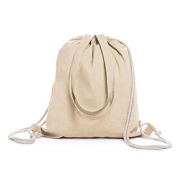 Рюкзак-сумка на шнурке из 100% переработанного хлопка плотностью 140 г / м2 с пестрой отделкой, с соответствующими ручками длиной 70 см и завязками натурального цвета, цвет бежевый - MO7107S129- Фото №1