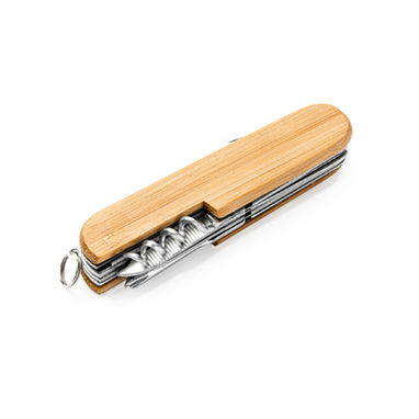 Универсальный складной нож с аксессуарами из нержавеющей стали и основной структурой из бамбука, цвет бежевый - NA4096S129- Фото №1