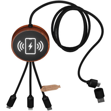 SCX.design C40 Зарядный кабель 3 в 1 из переработанного PET-пластика со светящимся логотипом и беспроводное зарядное устройст, цвет дерево, сплошной черный - 1PX07371- Фото №5