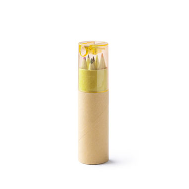 Деревянный набор из 6 карандашей в футляре из переработанного картона с цветным полупрозрачным колпачком., цвет желтый - LA8089S203- Фото №1