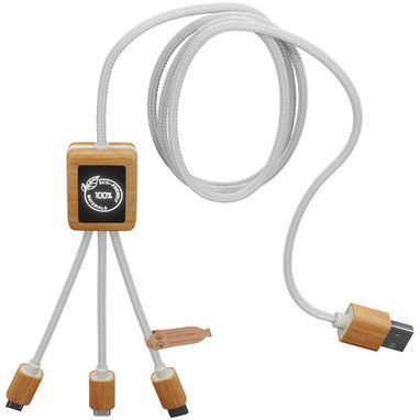 Зарядный кабель 3 в 1 из переработанного ПЭТ-пластика со светящимся логотипом и квадратным бамбуковым корпусом SCX.design C39, цвет белый, дерево - 1PX10801- Фото №2