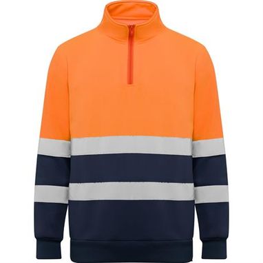Светоотражающий свитер с полузастежкой·молнией, высоким воротником, защитой подбородка и бегунком, цвет морской синий, флуоресцентный оранжевый  размер S - HV93140155223- Фото №1