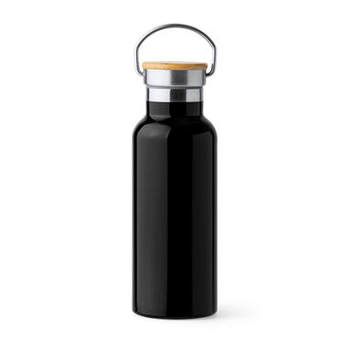 Пляшка з нержавіючої сталі з бамбуковою кришкою, колір чорний - BI4201S102- Фото №1