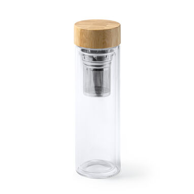 Бутылка из боросиликатного стекла с двойными стенками и бамбуковой крышкой, цвет прозрачный - BI4203S100- Фото №1