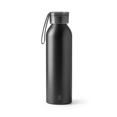 Бутылка из переработанного алюминия с крышкой и соответствующим ремнем для переноски, цвет черный - BI4212S102- Фото №1