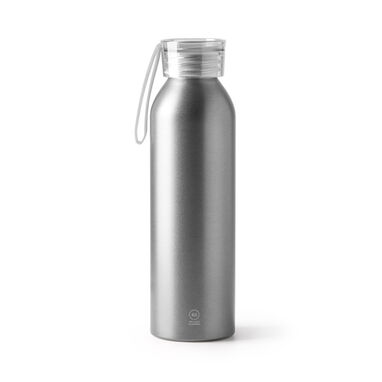 Бутылка из переработанного алюминия с крышкой и соответствующим ремнем для переноски, цвет серебряный - BI4212S1251- Фото №1