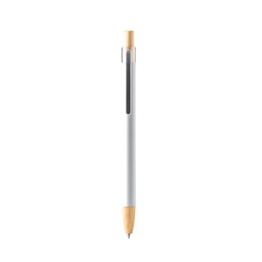 Шариковая ручка с мягкой на ощупь металлической структурой и деталями из бамбука, цвет белый - BL1339TA01- Фото №1