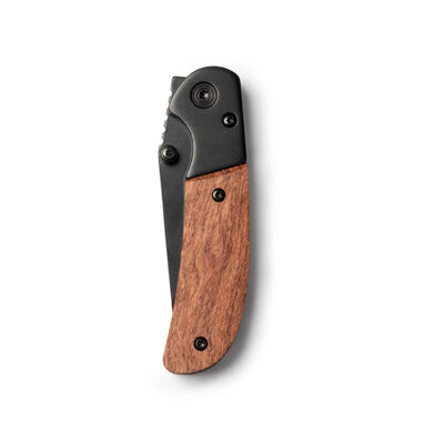Складной нож из нержавеющей стали с лезвием черного цвета и рукояткой из натурального дерева, цвет бежевый - NA3990S129- Фото №1
