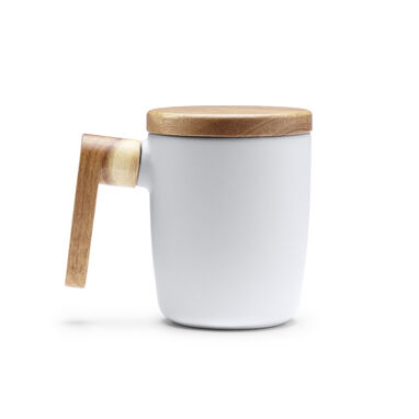 Матова керамічна чашка з бамбуковою кришкою, колір білий - TZ1130S101- Фото №1