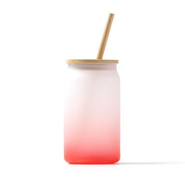 Склянка з боросилікатного скла з бамбуковою кришкою та соломинкою, колір червоний - VA4202S160- Фото №1