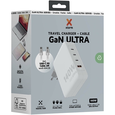 Xtorm XVC2140 GaN Ultra дорожное зарядное устройство мощностью 140 Вт с кабелем USB-C PD мощностью 240 Вт, цвет белый - 12439701- Фото №3 Xtorm XVC2140 GaN Ultra дорожное зарядное устройство мощностью 140 Вт с кабелем USB-C PD мощностью 240 Вт, цвет белый - 12439701- Фото №3