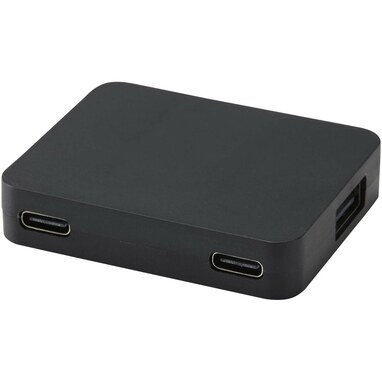 Gaia 4-портовый USB-концентратор с выходом USB-A и Type-C и двойным входом — изготовлен из переработанного пластика сплошной черный - 12444990- Фото №1