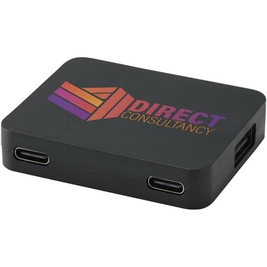 Gaia 4-портовый USB-концентратор с выходом USB-A и Type-C и двойным входом — изготовлен из переработанного пластика сплошной черный - 12444990- Фото №2