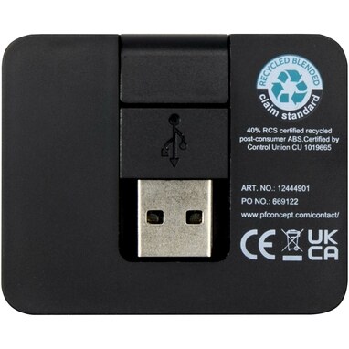 Gaia 4-портовый USB-концентратор с выходом USB-A и Type-C и двойным входом — изготовлен из переработанного пластика сплошной черный - 12444990- Фото №4