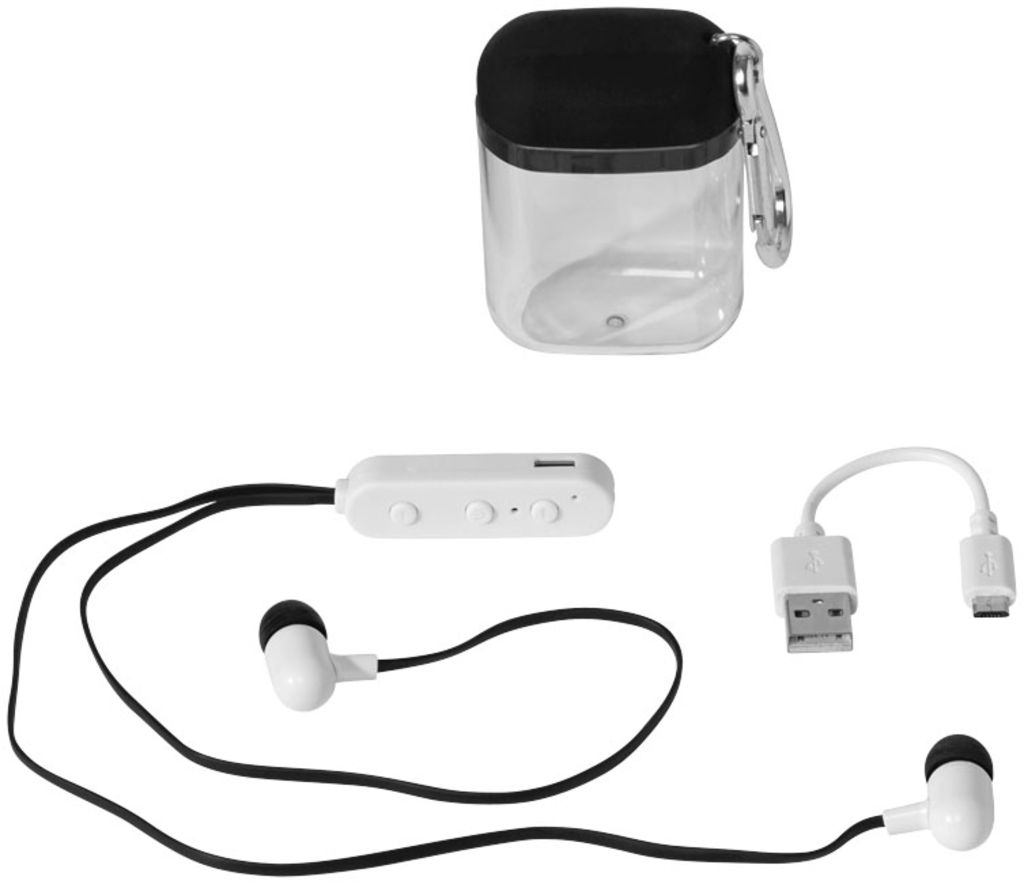 Недорогі навушники з функцією Bluetooth в чохлі з карабіном, колір суцільний чорний