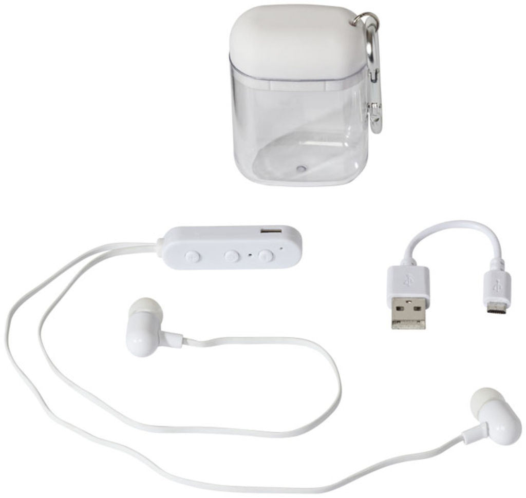 Недорогі навушники з функцією Bluetooth в чохлі з карабіном, колір білий