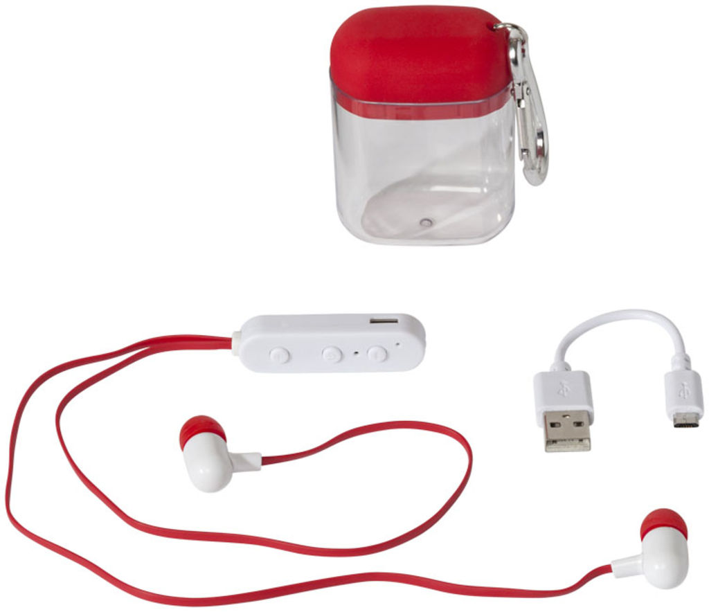 Недорогі навушники з функцією Bluetooth в чохлі з карабіном, колір червоний