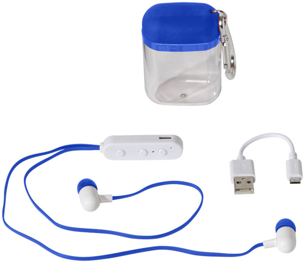 Недорогі навушники з функцією Bluetooth в чохлі з карабіном, колір яскраво-синій