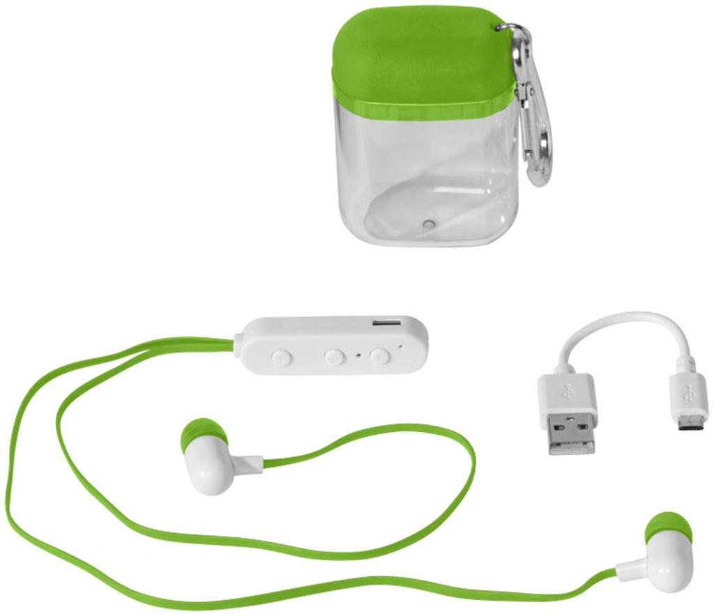 Недорогі навушники з функцією Bluetooth в чохлі з карабіном, колір лайм