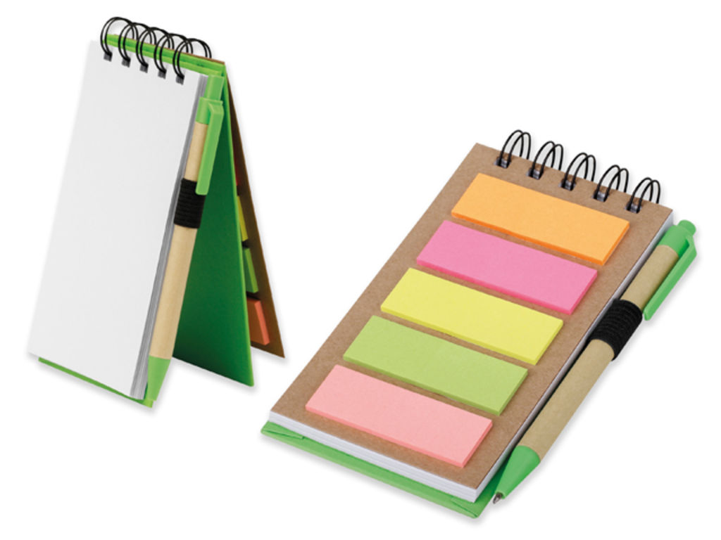 Записная книжка со стикерами и шариковой ручкой, синие чернила, цвет зеленый