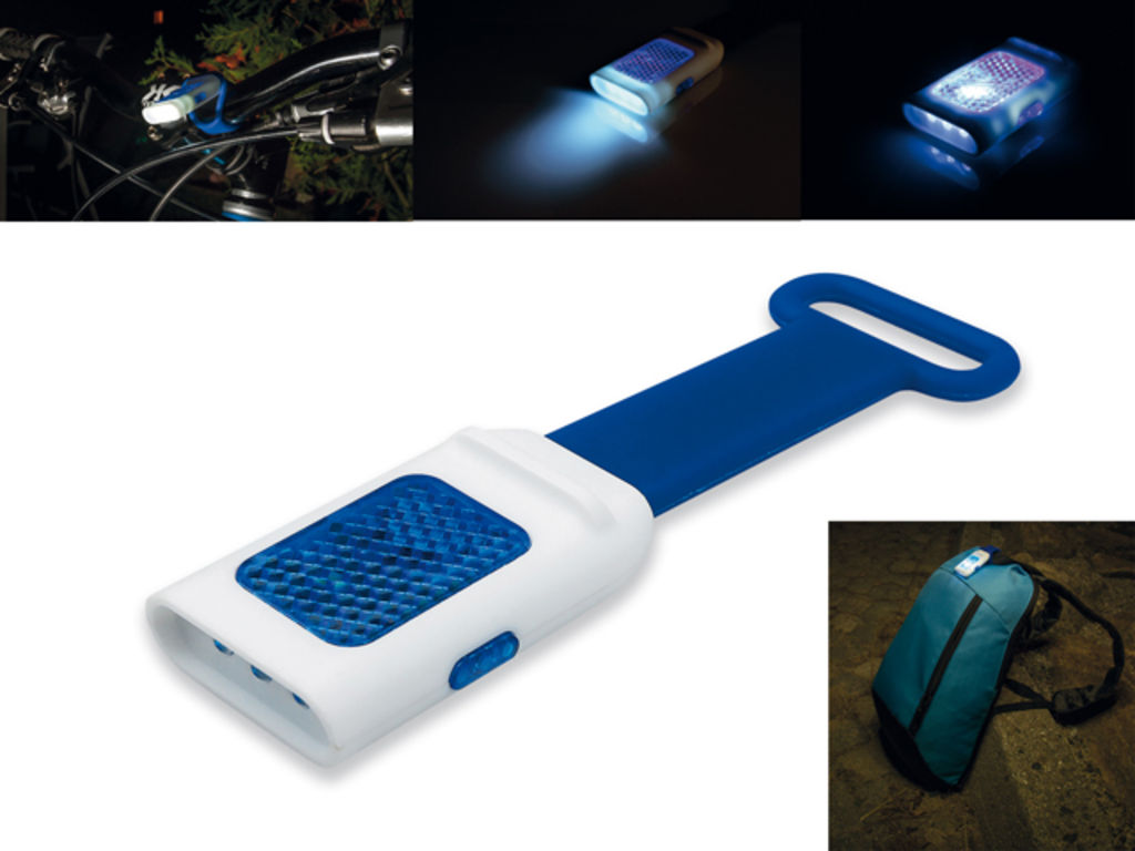 Пласт. фонарь с 4 светодиодами, отражателем и силиконовым зажимом, цвет синий